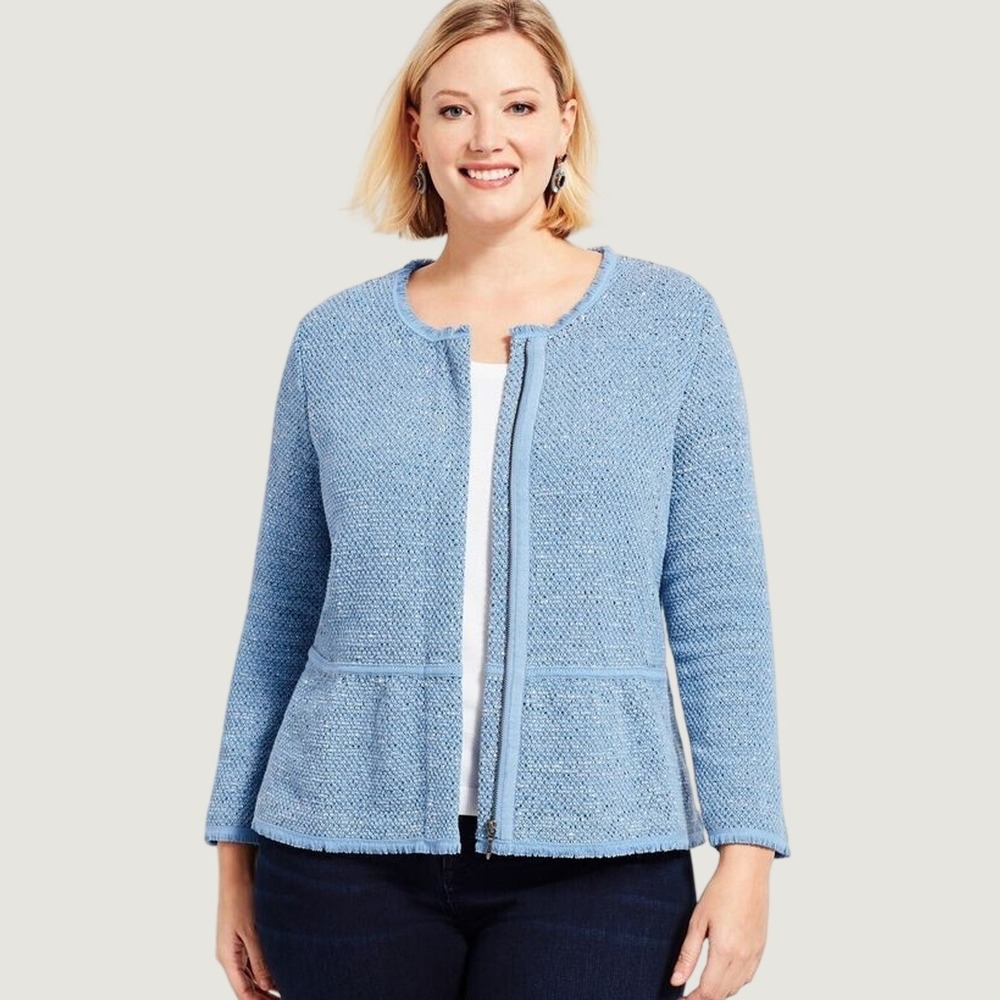 Talbots Peplum Zip Front Cardigan Jacket Womens 3X Blue Textured Fringe Coastal
